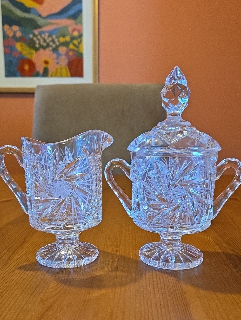 Vintage Polonia Crystal Glass Lidded Sugar Bowl and Creamer Set